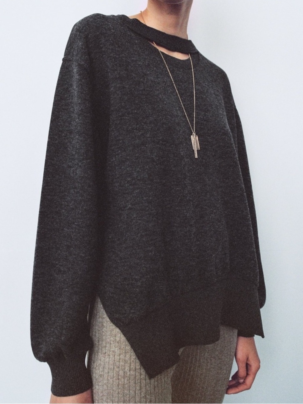 Zara Cut Out Neck Gray Sweater Women’s Size L